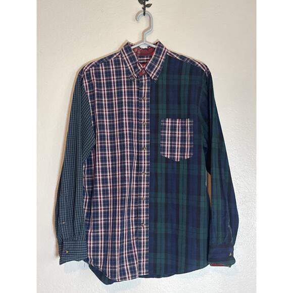 Izod Plaid Mixed Patchwork Button Down Fun Shirt Men Medium Green Blue Tartan - Picture 1 of 8
